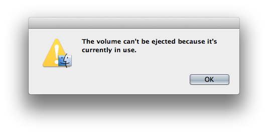 The Volume Can't be ejected because it's currently in use.